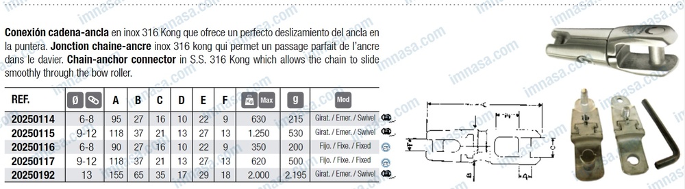 CONEXION ANCLAS INOXIDABLE Ø 6 hasta 13mm 