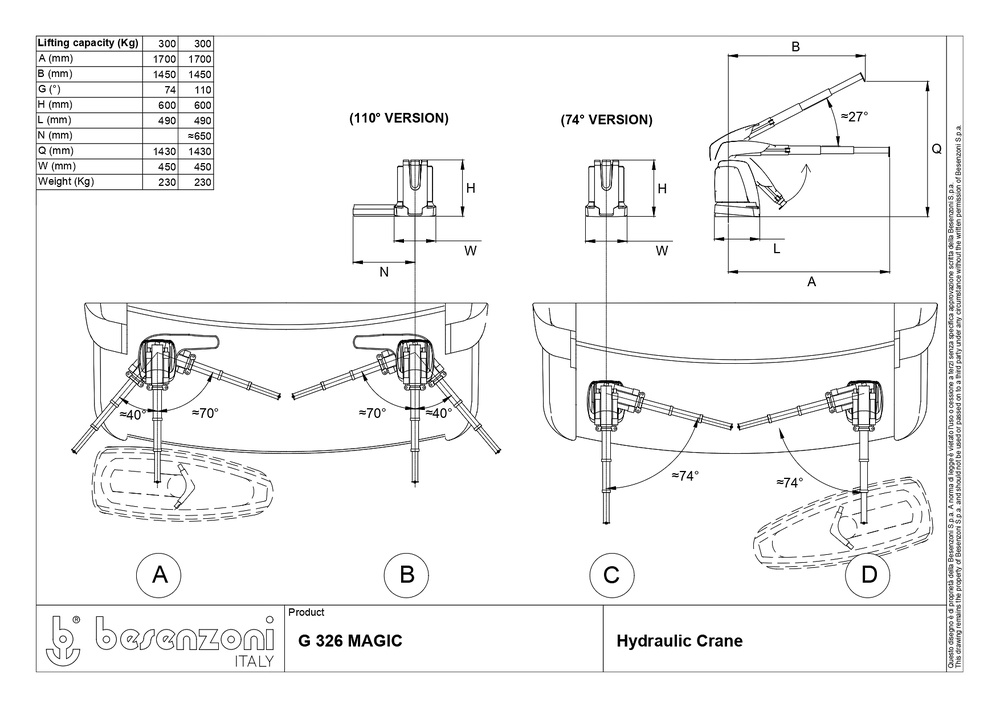 GRÚA HIDRÁULICA G326 MAGIC BESENZONI DE 74º Y 110º 300KG 